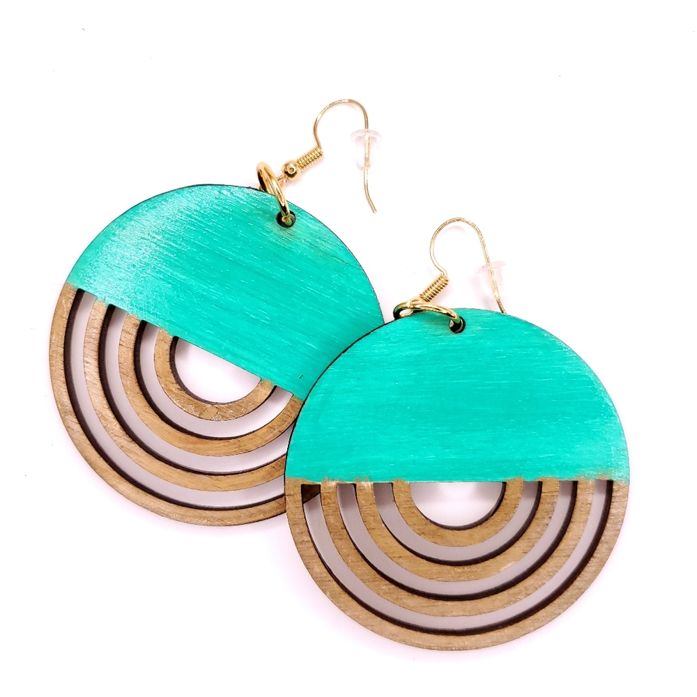Teal Wooden Earrings, 2 inch round,Handpainted artisan,lightwe…
